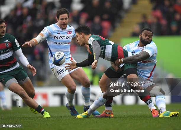 Tigers centre Matt Toomua is tackled by Virimi Vakatawa of Racing during the Champions Cup match between Leicester Tigers and Racing 92 at Welford...