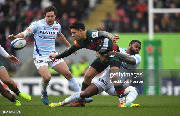 Tigers centre Matt Toomua is tackled by Virimi Vakatawa of Racing during the Champions Cup match between Leicester Tigers and Racing 92 at Welford...