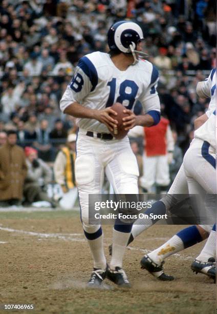 Quarterback Roman Gabriel of the Los Angeles Rams drops back to pass during an NFL football game circa 1970. Gabriel played for the Rams from 1962-72.