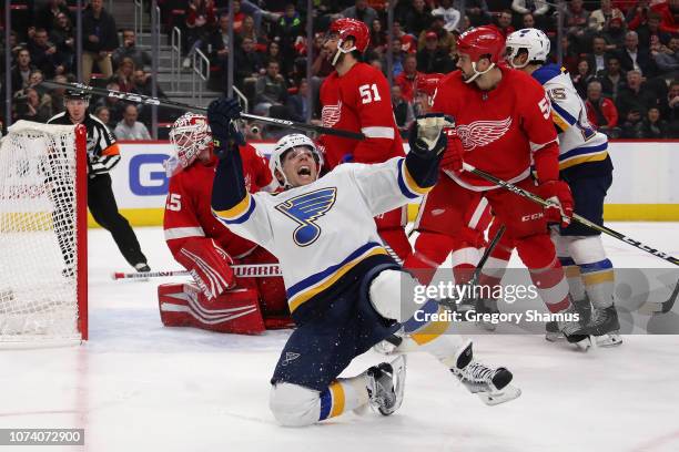 David Perron of the St. Louis Blues celebrates his third period goal while playing the Detroit Red Wings at Little Caesars Arena on November 28, 2018...