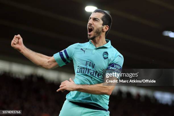 Henrikh Mkhitaryan of Arsenal celebrates scoring their 1st goal during the Premier League match between Southampton FC and Arsenal FC at St Mary's...
