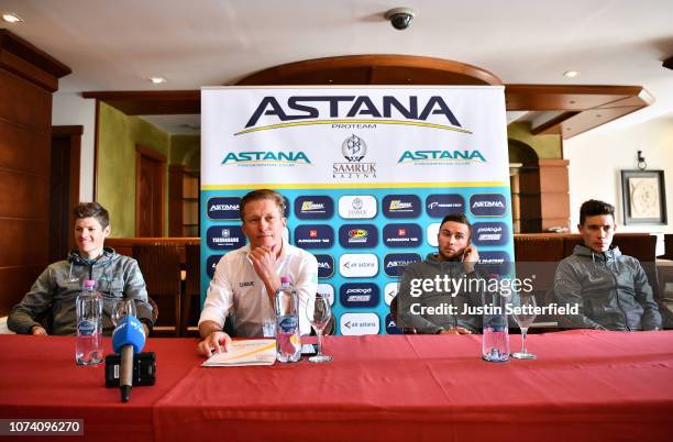 Jakob Fuglsang of Denmark and Astana Pro Team / Alexandr Vinokurov of Kazakhstan General manager Astana Pro Team / Alexey Lutsenko of Kazakhstan and...