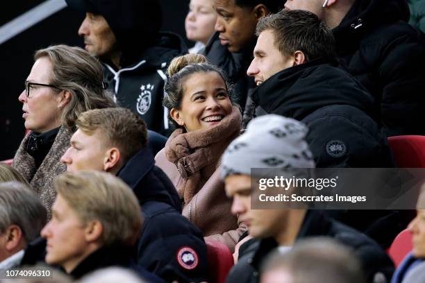 Joel Veltman of Ajax with his girlfriend during the Dutch Eredivisie match between Ajax v De Graafschap at the Johan Cruijff Arena on December 16,...