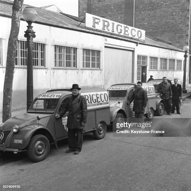 Report On A Factory Of Frigeco Refrigerator In Region Parisian: The Vans Of Delivery 2 Citroën Cv Before The Factory On January 1St 1955.