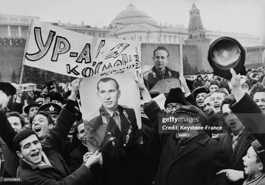 People Celebrating The Succes Of The Mission Voskhod Ii In Moscow On The Sixties.