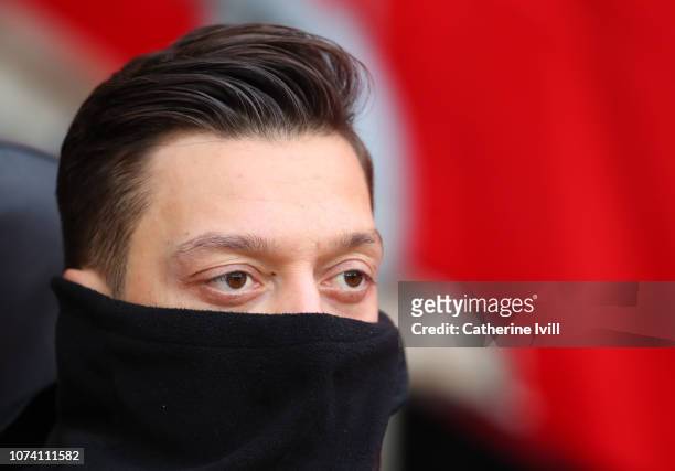 Mesut Ozil of Arsenal on the bench during the Premier League match between Southampton FC and Arsenal FC at St Mary's Stadium on December 16, 2018 in...