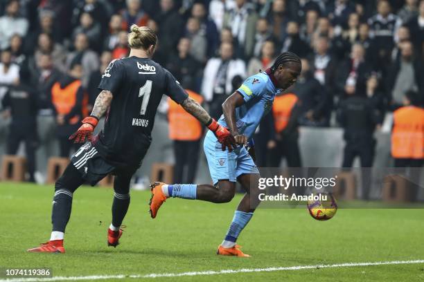 Goal keeper Loris Karius of Trabzonspor in action against Hugo Rodellega of Trabzonspor during Turkish Super Lig soccer match between Besiktas and...