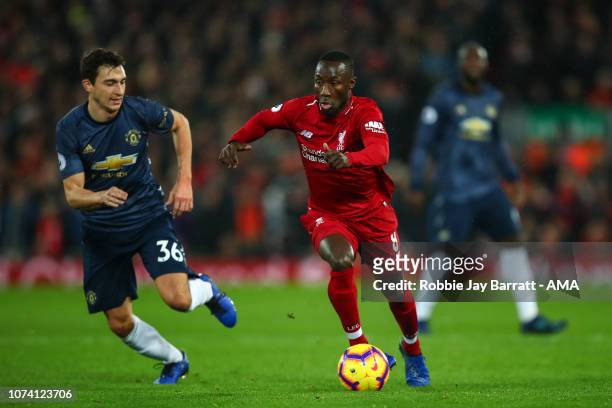 Matteo Darmian of Manchester United and Naby Keita of Liverpool during the Premier League match between Liverpool FC and Manchester United at Anfield...