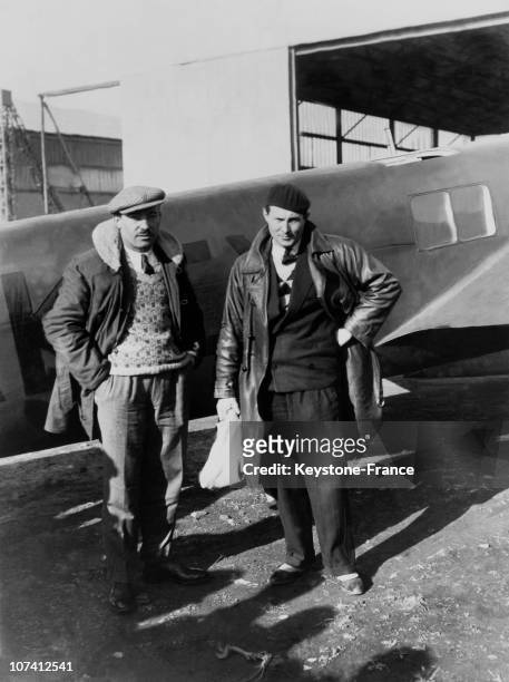 Jean Mermoz And Paillard In Front Of His Aircraft At Oran In Algeria.
