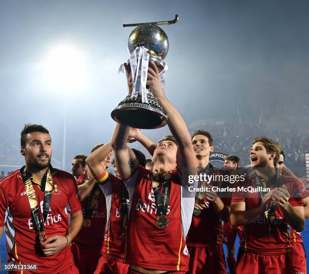 Belgium celebrate victory following the FIH Men's Hockey World Cup Final between Belgium and Netherlands at Kalinga Stadium on December 16, 2018 in...