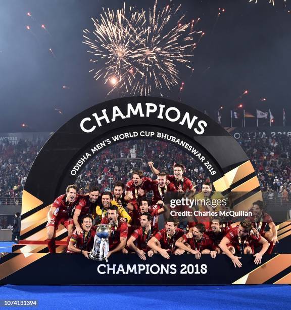 Belgium celebrate victory following the sudden death shootout during the FIH Men's Hockey World Cup Final between Belgium and Netherlands at Kalinga...