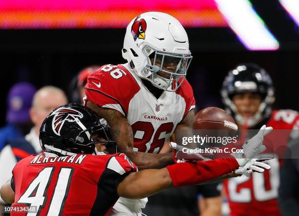 Sharrod Neasman of the Atlanta Falcons defends on this pass intended for Ricky Seals-Jones of the Arizona Cardinals at Mercedes-Benz Stadium on...