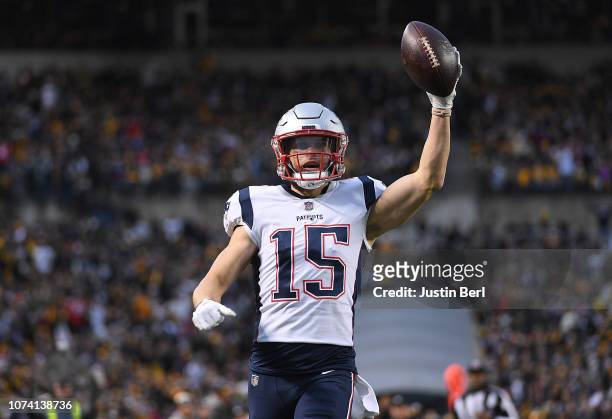 Chris Hogan of the New England Patriots reacts after a 63 yard touchdown reception in the first quarter during the game against the Pittsburgh...