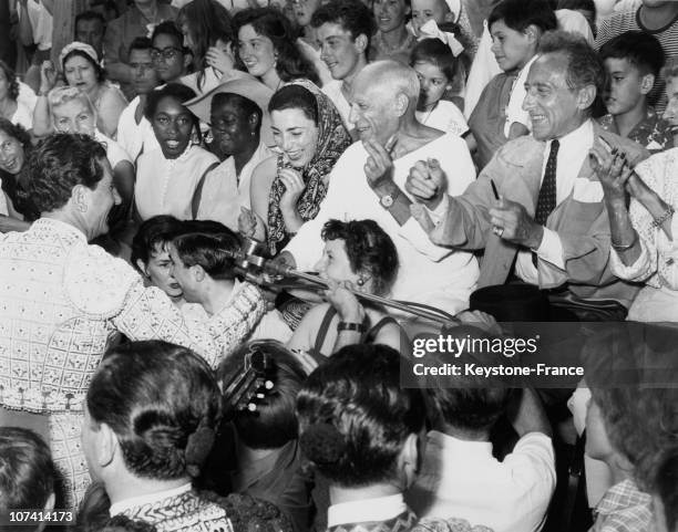 Jacqueline Picasso, Pablo Picasso, Jean Cocteau And The Bull Fighter Luis Miguel Dominguin In 1955.