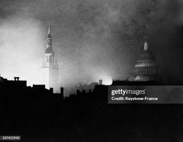 Night View Of The St Paul Cathedral And St Mary Le Bow Church After Bombing In London in 1940.