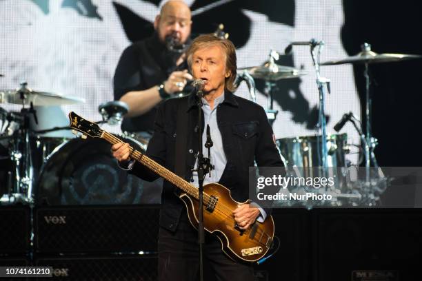 British iconic musician Paul McCartney performs live on stage at The O2 arena during his 'Freshen Up' tour, in London, UK on December 16, 2018.