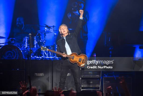 British iconic musician Paul McCartney performs live on stage at The O2 arena during his 'Freshen Up' tour, in London, UK on December 16, 2018.