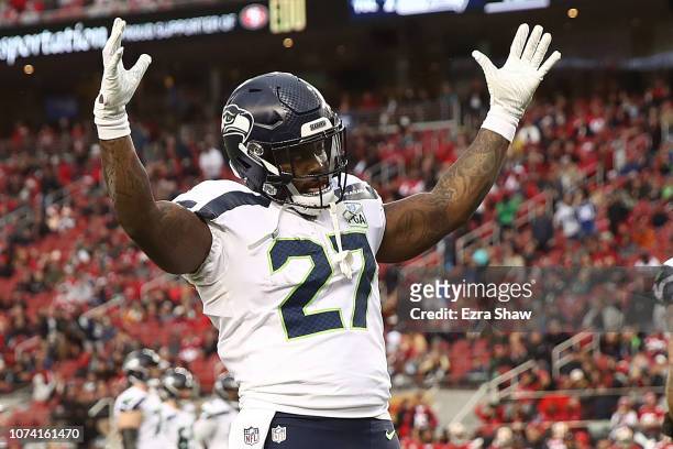 Mike Davis of the Seattle Seahawks celebrates after a touchdown by Doug Baldwin against the San Francisco 49ers during their NFL game at Levi's...