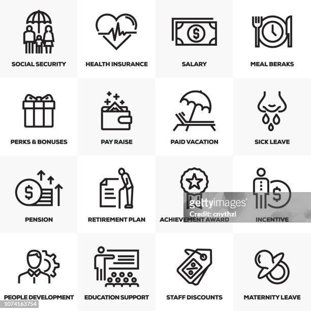 ilustraciones, imágenes clip art, dibujos animados e iconos de stock de empleado beneficios iconos juego - benefits