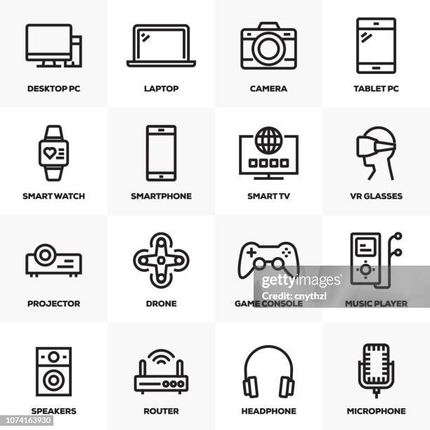 electronics and devices line icons set - electrical shop stock illustrations