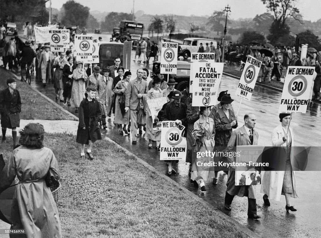 Hampstead Residents Demonstrating For A Speed Limit In Their Street In London On August 1937