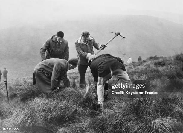 Volunteers searching moorland for evidence in the murder of 10 year-old Lesley Ann Downey, Cheshire, October 18th 1965.
