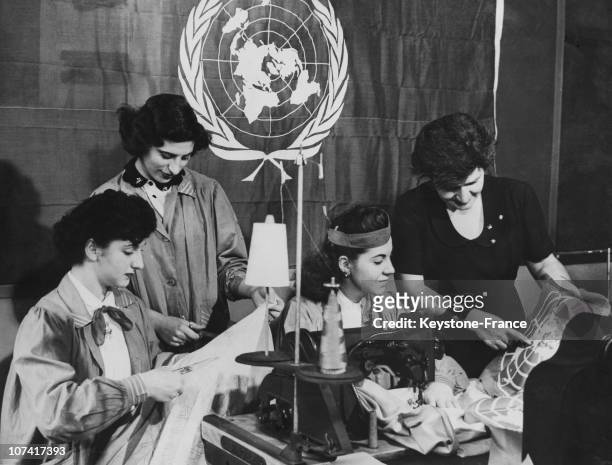 Women Sewing An United Nation Flag In Usa On 1948