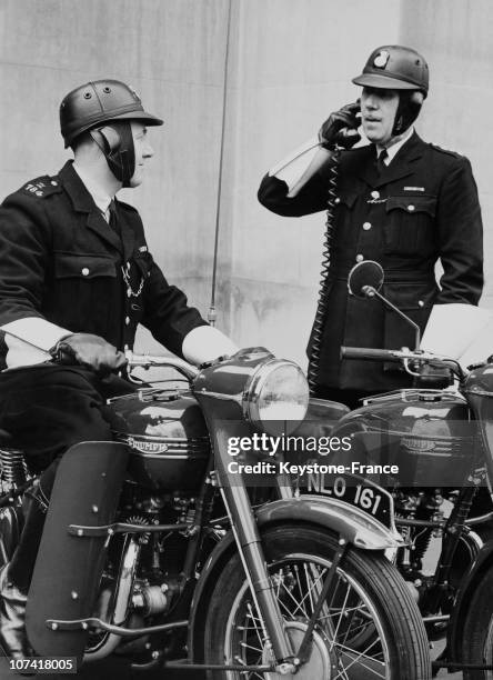 Policemen Of Metropolitan Police With Their New Crash Helmets In Scotland Yard On 12Th Of March 1953