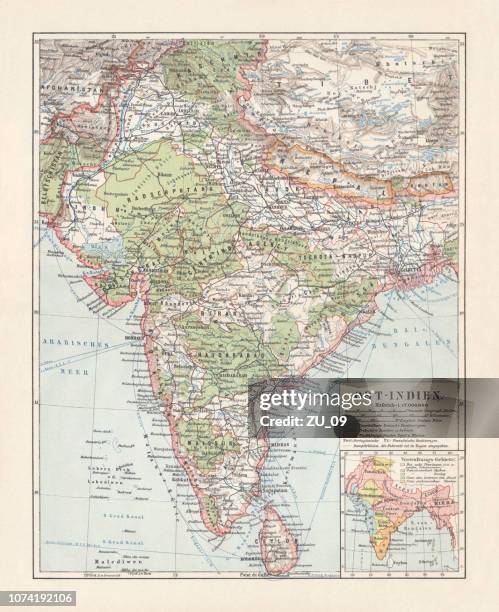 historical map of east india, lithograph, published in 1897 - british empire map stock illustrations
