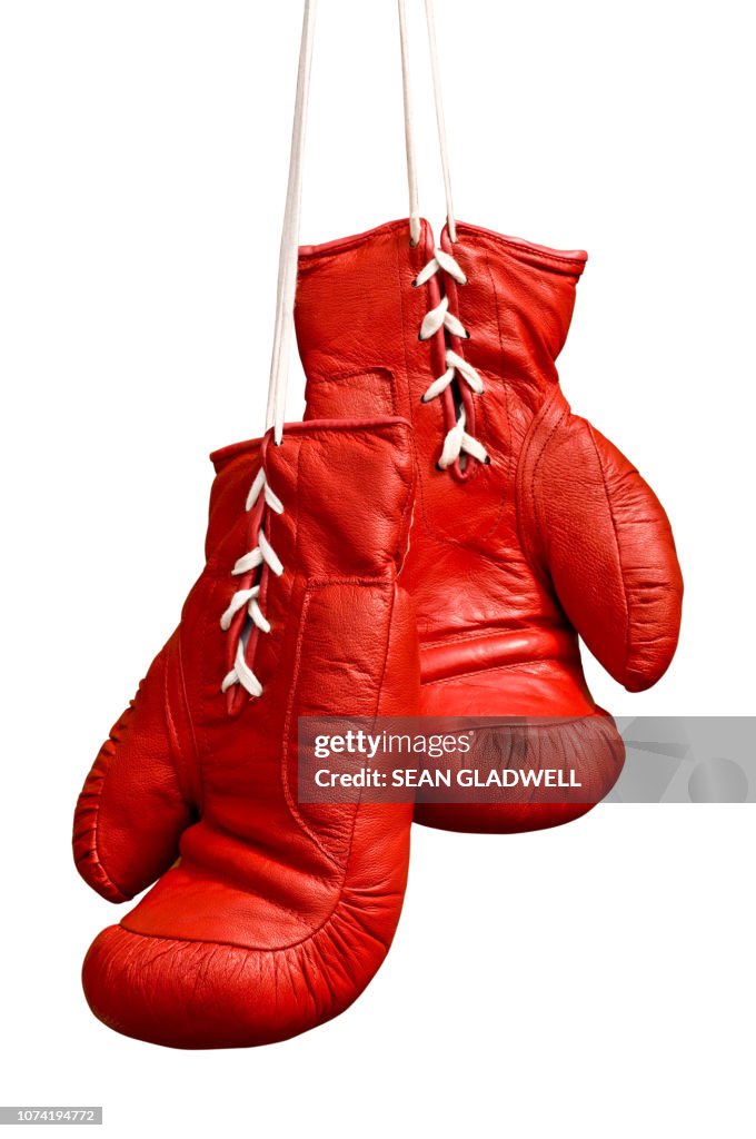 Laced red boxing gloves