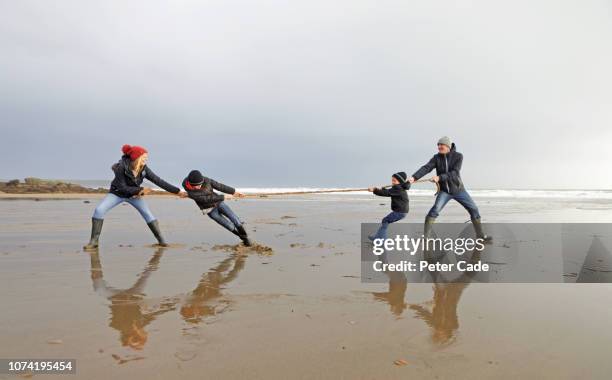 family playing tug of war on the beach in winter - live in levis event stock pictures, royalty-free photos & images