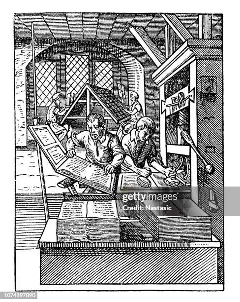 illustrazioni stock, clip art, cartoni animati e icone di tendenza di laboratorio di stampa, xvi secolo - tipografia