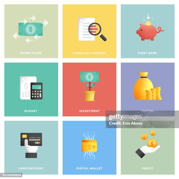 finance icon set - budget icon stock illustrations