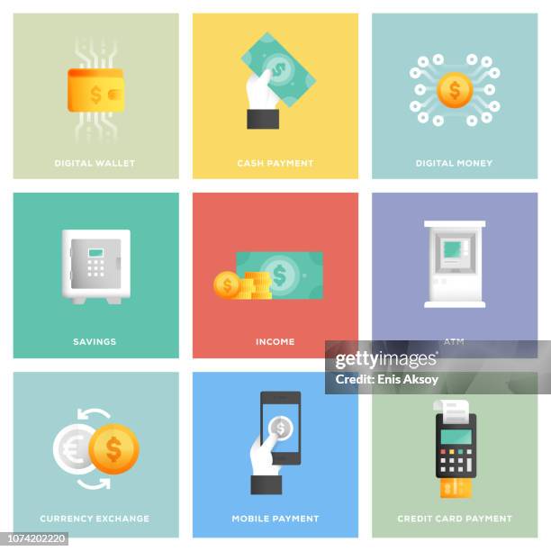 ilustraciones, imágenes clip art, dibujos animados e iconos de stock de conjunto de iconos de dinero - pago por móvil