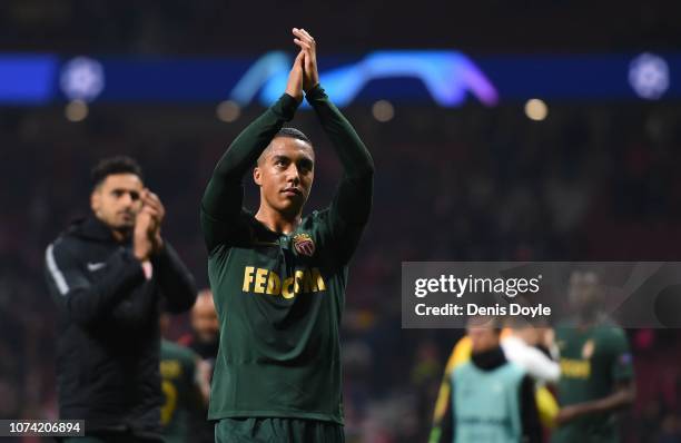 Youri Tielemans of AS Monaco applauds fans following the UEFA Champions League Group A match of the between Club Atletico de Madrid and AS Monaco at...