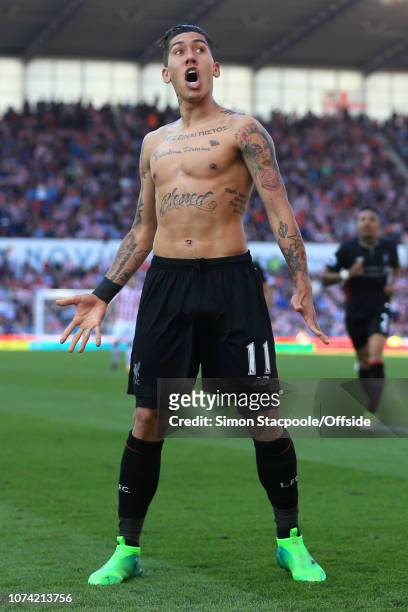 8th April 2017 - Premier League - Stoke City v Liverpool - Roberto Firmino of Liverpool celebrates after scoring their 2nd goal - .