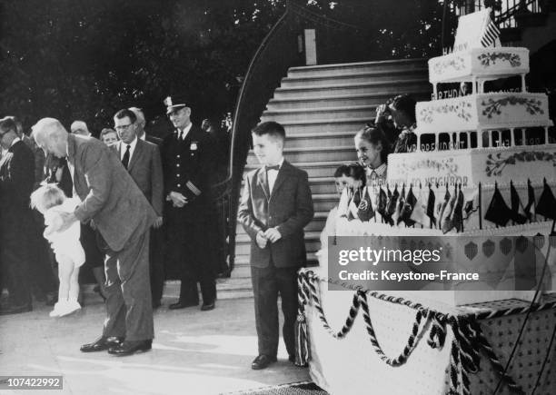 President Eisenhower Celebrating His 67Th Birthday At Washington, White House In Usa