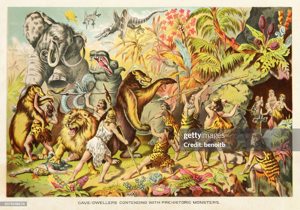 Cavemen contending with prehistoric monsters