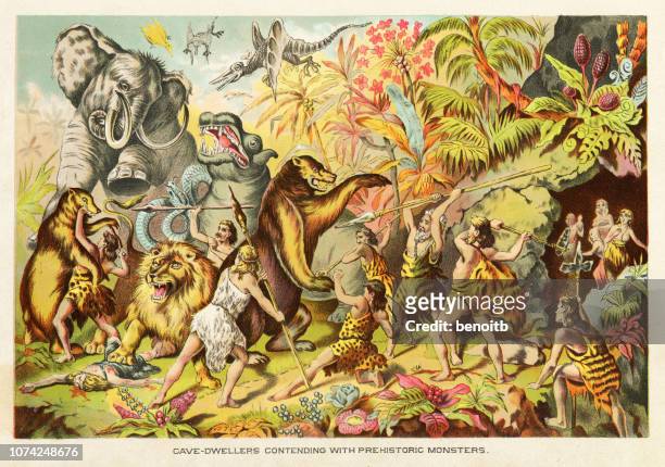 cavemen contending with prehistoric monsters - prehistoric era stock illustrations