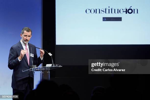 King Felipe VI of Spain attends '40 Años de Diplomacia en Democracia. Una Historia de Exito' exhibition at Casa de America on November 29, 2018 in...