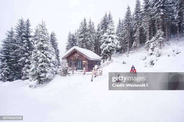 austria, altenmarkt-zauchensee, family tobogganing at wooden house at christmas time - country christmas 個照片及圖片檔