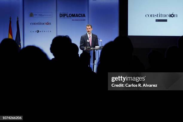 King Felipe of Spain inaugurates the exhibition '40 años de diplomacia en democracia. Una historia de exito' at Casa de America on November 29, 2018...