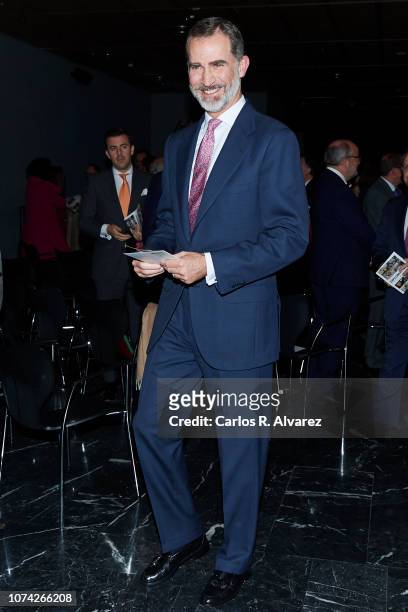 King Felipe of Spain inaugurates the exhibition '40 años de diplomacia en democracia. Una historia de exito' at Casa de America on November 29, 2018...