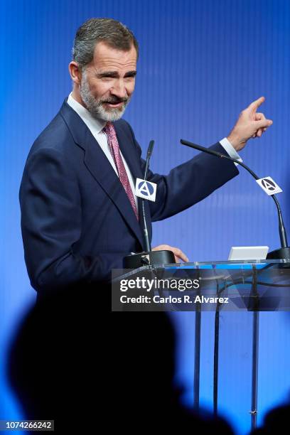 King Felipe of Spain inaugurates the exhibition '40 años de diplomacia en democracia. Una historia de exito' at Casa de America on November 29, 2018...