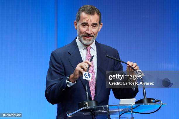 King Felipe of Spain inaugurates the exhibition '40 años de diplomacia en democracia. Una historia de exito' at Casa de America on November 29, 2018...