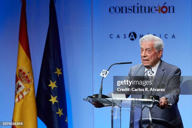 Mario Vargas Llosa attends '40 Años de Diplomacia en Democracia. Una Historia de Exito' exhibition at Casa de America on November 29, 2018 in Madrid,...