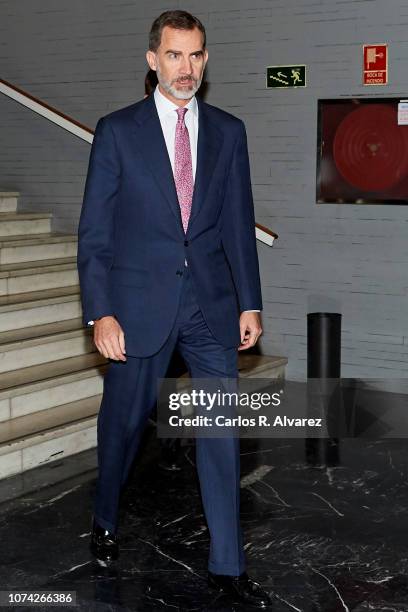 King Felipe of Spain inaugurates the exhibition '40 años de diplomacia en democracia. Una historia de exito' at Casa de America on November 29, 2018...