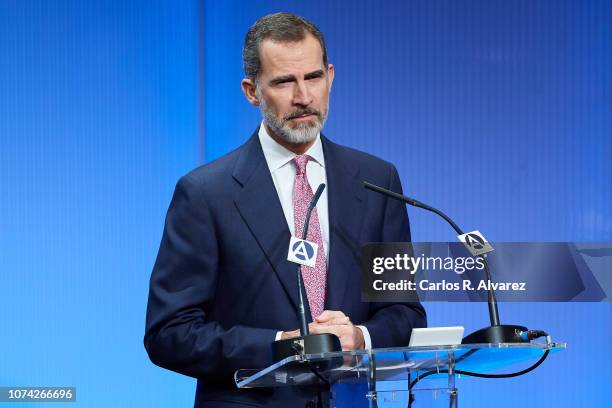 King Felipe of Spain inaugurates the exhibition '40 años de diplomacia en democracia. Una historia de exito' at Casa de America on November 29, 2018...