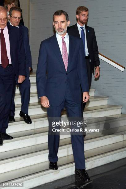 King Felipe VI of Spain attends '40 Años de Diplomacia en Democracia. Una Historia de Exito' exhibition at Casa de America on November 29, 2018 in...