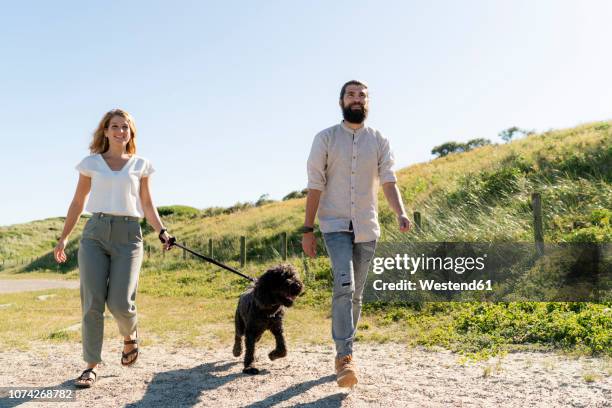 young couple walking with their dog on the beach - couple dunes stockfoto's en -beelden